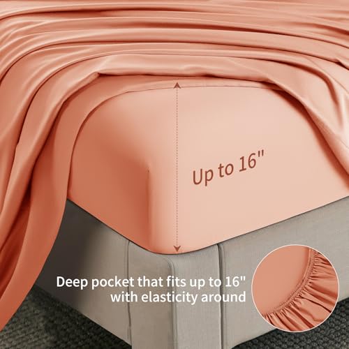Image of Shilucheng 6 Piece Queen Sheet Sets, Cooling Sheets, Blend Rayon Derived from Bamboo, Deep Pocket Up to 16 inch, Breathable & Soft Bed Sheets, Hotel Silky Bedding Set, Coral