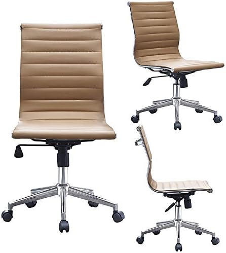 2xhome - Mid Back Height Modern Office Chair, Armless Ribbed PU Leather Seat with Swivel Tilt Adjustable Chrome Base - Executive Conference Room Task Chair (Tan)