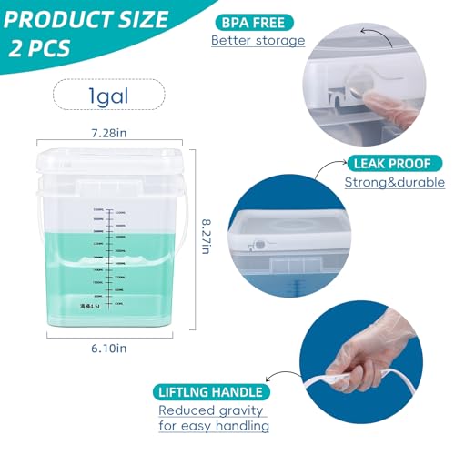 Image of ASEVAT 2 PCS 1 Gallon Clear Square Food Grade Bucket with Graduated Markings & Lid, Heavy-Duty Plastic Pail with Comfort Grip Handle for Food Storage & Cleaning