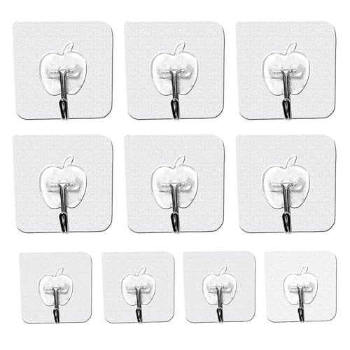 Shivstor 10 Pack Apple Shape Wall Hooks Self Adhesive Heavy Duty Transparent Hooks Waterproof Nail Free No Drilling Wall Hangers for Kitchen Bathroom Home Storage Strong Sticky Hooks