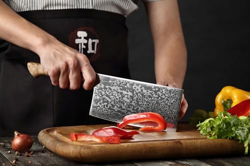 Foto von HEZHEN Küche Gemüse Fleischbeil Chinesischer Koch Kochmesser 17.3cm-Metzgermesser 67-Lagig Damaskus Stahl Geschmiedet Scharfe Fleischwolf Messer-rutschfeste Holzgriff + Geschenkbox