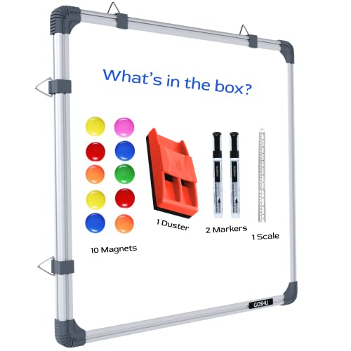Image of GOSHU Magnetic White Board 2 feet x2 feet Dry Erase whiteboard Includes 10 Magnets, 1 Duster, 2 Marker and 1 30cm Scale (2x2 feet + Pack of 14 Items)