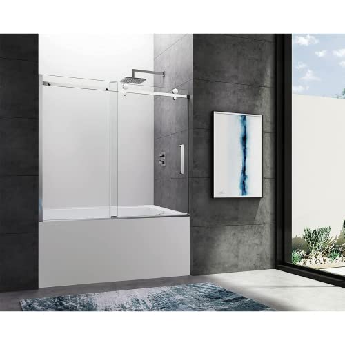 Ckb Tampa Single Sliding Frameless Bathtub Shower Doors, 56-60 Inch Width Adjustable X 60 Inch Height, 5/16 Inch Tempered Glass With Hardware Kit, Polished Steel. #TOP6