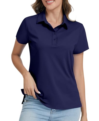 JoyGirl Polo Shirts for Women Short Sleeve T Shirts Quick Dry Lightweight Breathable Gym Tops Collared Golf Shirt with 4-Buttons (Navy Blue,M)