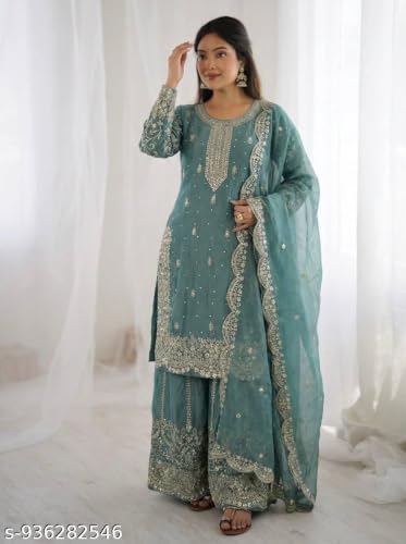 Image of Women's Casual Salwar Suit Pure Heavy Fendy Silk With Embroidery Sequence Work Full Sleeves Salwar Suit With Dupatta.Women's Ethnic Wear