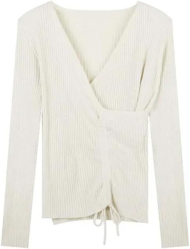 Women's V-Neck Knitted Long Sleeve T-Shirt Side Drawstring Uneven Top All-Match Solid Bottoming Shirt