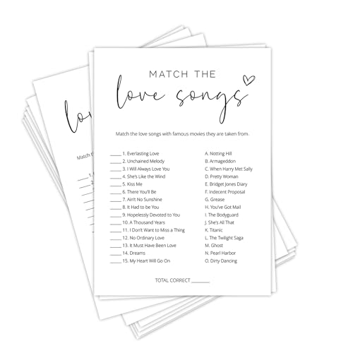 Bridal Shower Game Cards for Guests, Fun Wedding Shower Party Activities, 25 Match the Love Songs Cards, Icebreaker Game for Engagement Party, Minimalist White Design -A02