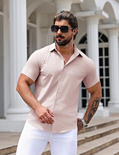 URRU Camisa social masculina slim fit stretch manga curta casual abotoada para homens, Manga curta -