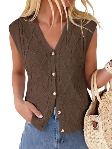 BTFBM Vest Tops for Women Summer V Neck Button Loose Lightweight Cardigan Knit Cap Sleeve Sweater Vests Fashion Clothing(Brown, Medium)