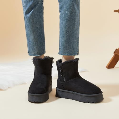 Image of THATXUAOV Womens Ankle Winter Boots, Anti-Slip Suede Mini Boot For Women,Side Zipper Platform Slip On Snow Boots With Fur Lining