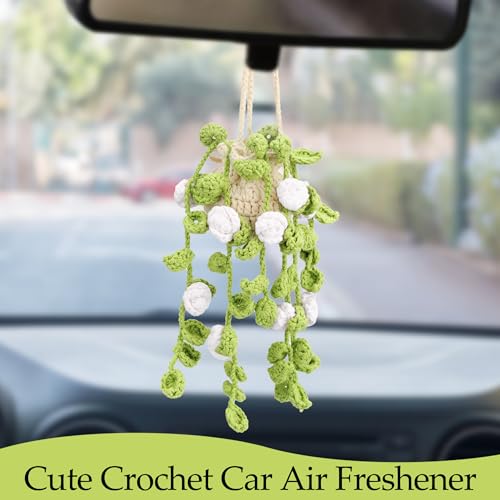 Image of Crochet Car Air Freshener Hanging, Cute Rear View Mirror Accessories Car Fresheners for Women, Handmade Car Hanging Accessories Car Air Freshener Diffuser, White Rose