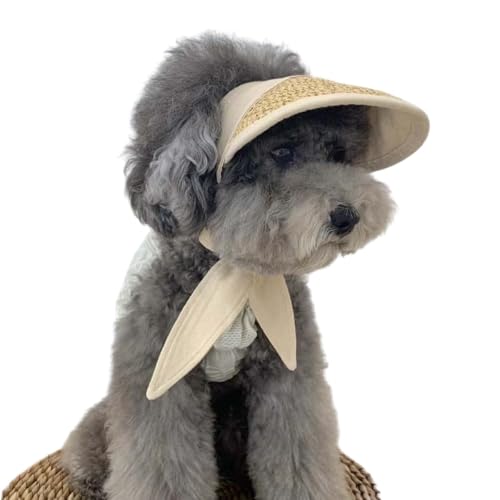 Handmade Straw Dog Hat & Visor - Adjustable for Small Dogs (Teddy, Bichon) w/Ear Holes, Chin Strap | Beach-Ready (Khaki,Large)
