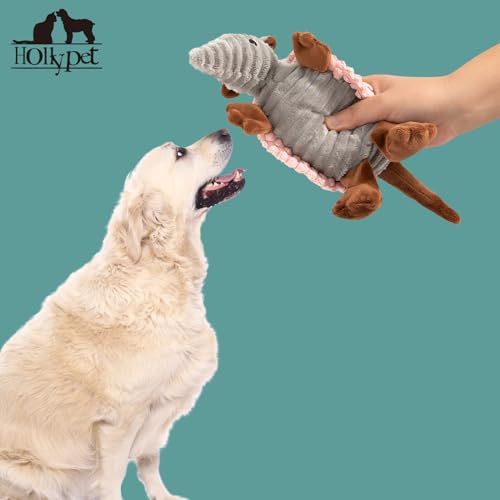Image of Hollypet Plush Dog Squeaky Toy Stuffed Armadillo Animal Pet Puppy Chew Toys with Clean Teeth for Small Medium Large All Breed Sizes Dogs, Light Pink, 8 in