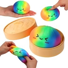 Giant Rainbow Glitter Dumpling Squishy with Steamer Box, Cute Smiling Face Soft Giant Dumpling Fidget Stress Food for Adults Birthday Holiday Present