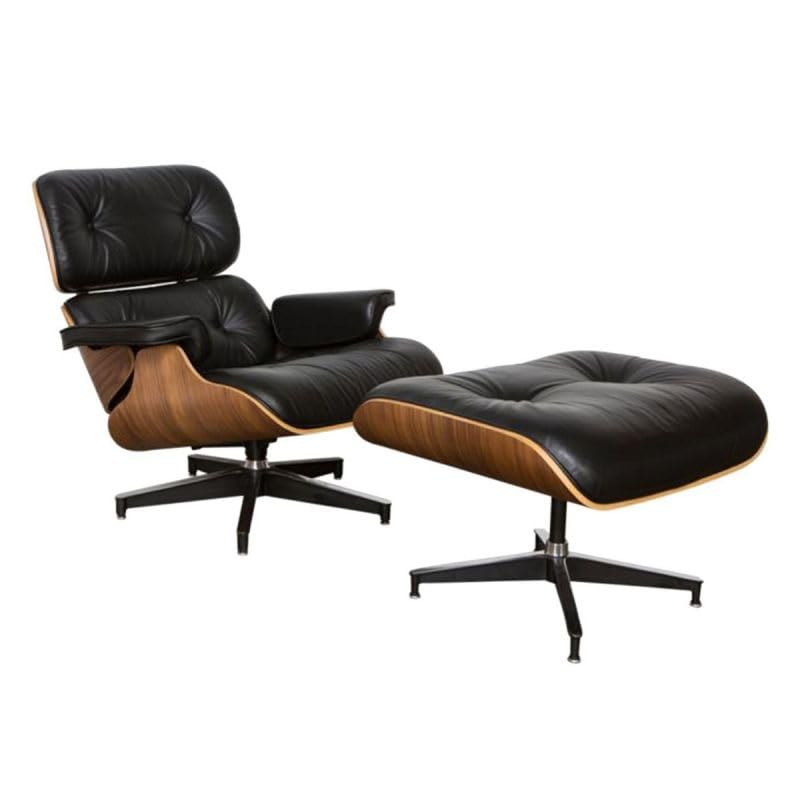 Poltrona Charles Eames Com Puff Couro Legítimo Preto