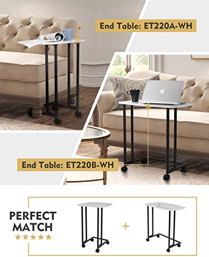 Moncot C Shaped End Table Tv Trays With Detachable Wheels, White Marble Texture Side Table, Mdf Wood Top Table For Small Space Couch Sofa Bedroom Living Room (White) #TOP2