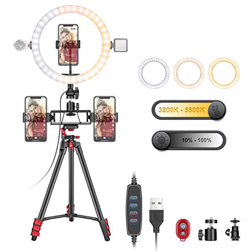 ART DNA 10-inch USB Ring Light with Stand and 3 Phone Holders, USB Selfie Halo Light with 2 Extra Mounting Slot, Bi-Color Dimmable for Makeup/Vlogging/YouTube TikTok Video/Live Stream