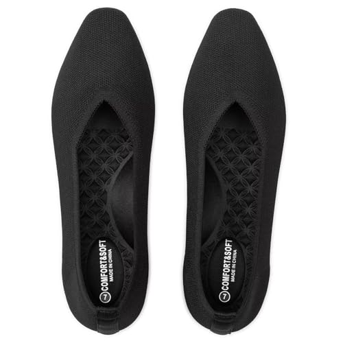 Frank Mully Women's Square Toe Knitted Flats Breathable Lightweight Slip-On Shoes with Arch Support for All-Day Comfort