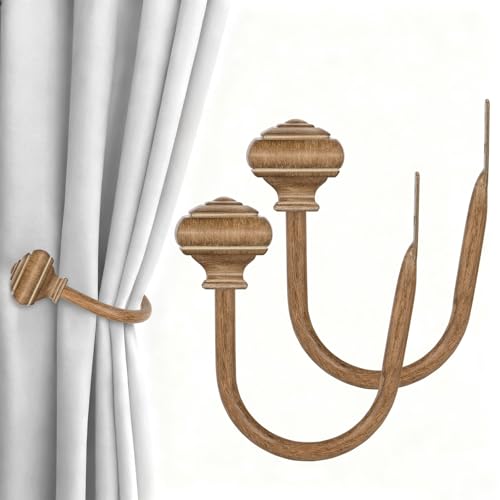 2 Pack Wood Curtain Holdbacks, USFOOK Decorative Window Drapery Tiebacks (2 Pack/1 Pair), Curtain Tie Back Hooks for Drapes with Square Finials (3.45" L x 5.35" W)