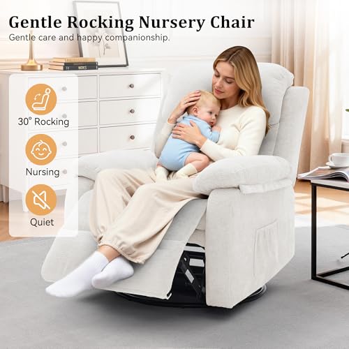 Image of Korser Recliner Chair, 360 Swivel Rocker Chair for Adults, Small Rocking Recliner Chair for Small Spaces, Upholstered Chenille Fabric Glider Recliner Nursery Chair with Side Pockets for Living Room