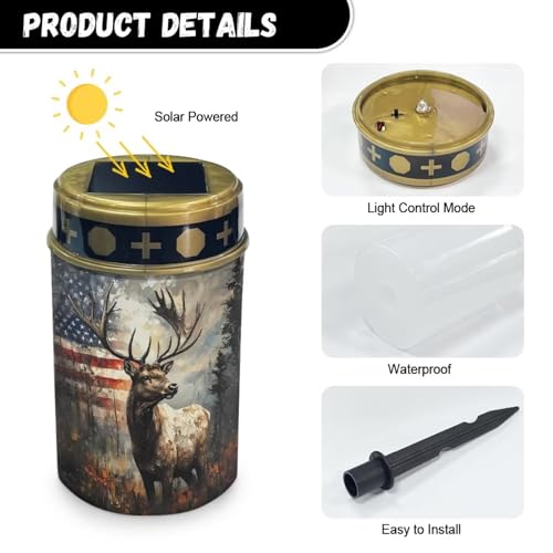 Image of Poceacles Deer American Flag Forest Outdoor Lights Solar Powered Flameless Candle Cemetery Votive Candles Waterproof Outdoor Memorial Candle Solar Stake Lights Home Outdoor Decoration, 6 PCS
