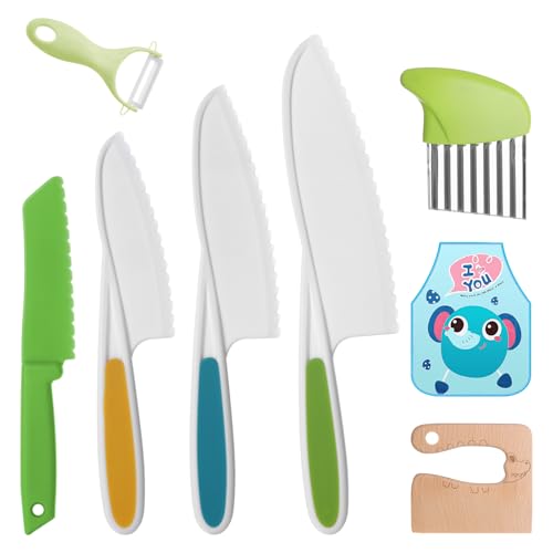 Vaktop 8PCS Kids Kitchen Knife Set Toddler Knife for Chopping, Plastic Children's Cooking Knives Serrated Edges with Potato Slicer, Peeler and Kids Apron for Fruit, Vegetables, Bread, Salad Knives