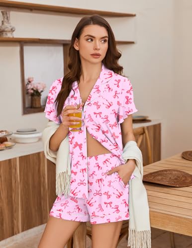Ekouaer Pajamas for Women Set Button Up Pjs Ruffle Sleeve Sleepwear Notch Collar Bride Soft Pj Lounge Sets Pink Bow Tie XXL — view 5