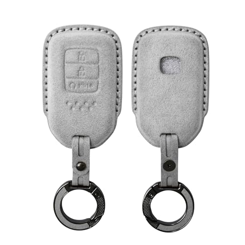 Image of KMH Alcantara Car Key Cover Compatible with Honda City, Civic, Jazz, Amaze, CR-V, WR-V, BR-V Models 3 Buttons Shell Case Holder Full Key Protector Smart Keycover with Keychain (D2) Grey - Pack of 1