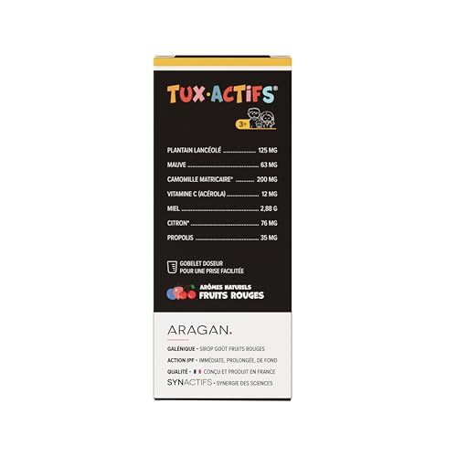 Tuxactifs Bio 3+ - Complement Alimentaire Toux et Gorge Irritée - Camomille, Miel, Acerola, Mauve, Plantain, Vitamine C - 125 ml - 4 à 12 jours de prise - Fabriqué en France