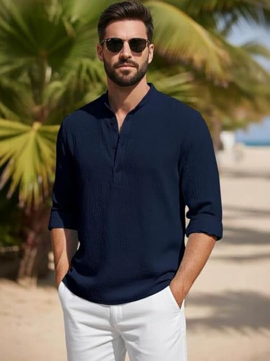 Image of Men's Cotton Blend Straight Kurta Shirt Combo with Mandarin Collar - Slim Fit Casual Short Kurti Set Featuring Textured Slub Fabric and Roll-Up Full Sleeves
