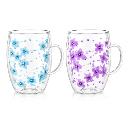Image of KiKiluxxa 350ml Double Wall Glass Tea Coffee Mug Set of 2 | Glass Cups with Movable Decorative Flowers & Pearl Beads | Insulated Glass Mug for Tea, Coffee, Milk, Gift (Royal Lavender+Sky Bloom)