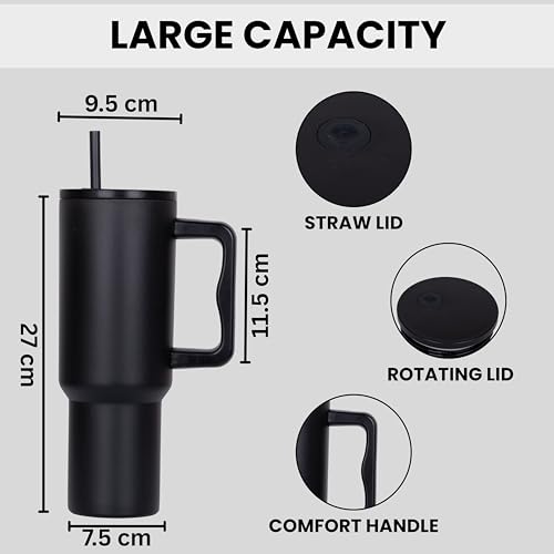 Image of Tumbler with lid and Straw 1200ML Cup Stainless Steel Vacuum Insulated Tumbler for Water, Iced Tea or Coffee 1.2L Office Gym Travelling (40 - Oz - Black)