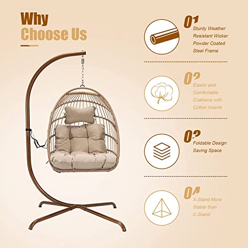 Nicesoul® Swing Egg Chair With Stand Indoor Outdoor Wicker Rattan Patio Basket Hanging Chair With Uv Resistant Cushions 350Lbs Capaticy For Bedroom Balcony Patio (Cream) #TOP2