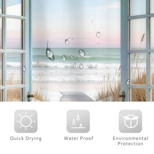 Image of Riyidecor Summer Beach Ocean Shower Curtain 72Wx72H Inch Coastal Blue Sea Teal Barn Door Rustic Seaside Hawaiian Scenery Country Path Bathroom Decor Fabric Polyester Waterproof 12 Pack Hooks
