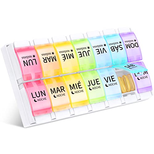 Pastillero Semanal 2 Toma Español, Opret Pastillero Diario Grande con Interruptor de Expulsión, Organizador Pastillas 14 Dias y Dispensador Comprimidos para Viaje