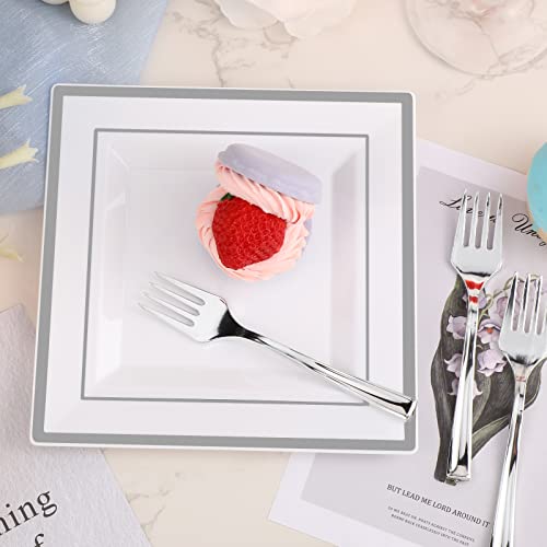 Gandeer 300 Pcs Square Plastic Plates With Forks, Including 150 Disposable Dessert 6.5 Inch And Appetizer, Guest Dinner Set For Weddings Parties (Silver) #TOP4