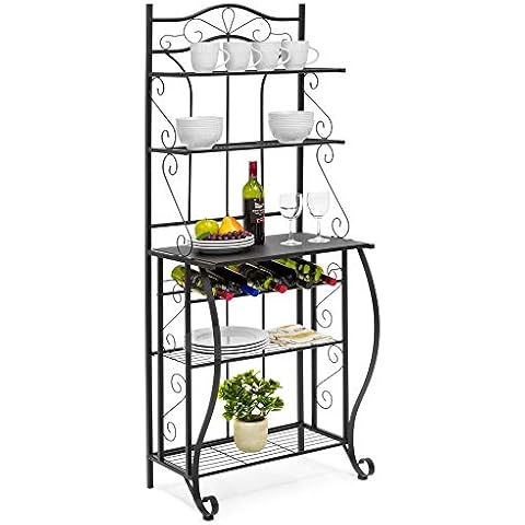 RAAMZO 5-tier Black Metal Cappuccino Finish Shelf Kitchen Bakers Rack Scroll Design with 5 Bottles Wine Storage Cover