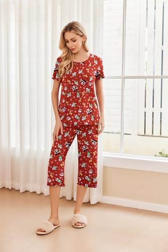 Image of Ekouaer 2 Pack: Women's Pajamas Set Short Sleeve Sleepwear Capri Pants Pjs Soft Loungewear with Pockets