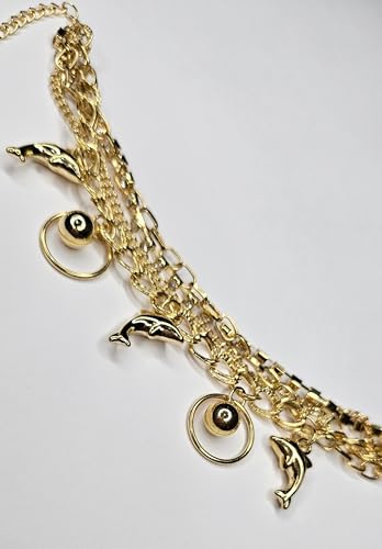 Image of Layered Gold-Tone Chain Anklet with Dolphin Charms and Ring Pendants