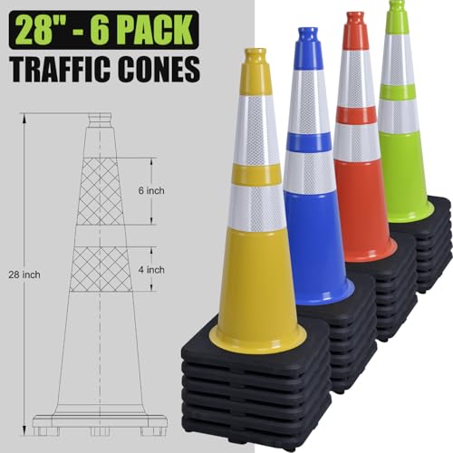 OranLite Fluorescent Green PVC Traffic Cones, Heavy Black Base Parking Lot Cone Structurally Stable Weatherproof Road Construction Safety Cones (8, Green, 28" Large)