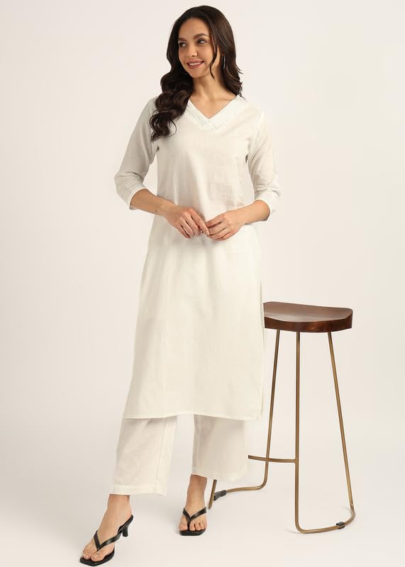 Image of BLOCKS OF INDIA Women's Solid Straight Kurta Set | Hand-Stitched Neck Details with Pintucks | Comfortable Pants with Pockets, Elastic Waist & Drawstring Fit