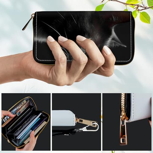 Women's RFID Blocking Wallet PU Leather Slim Bifold Wristlet Clutch with Large Capacity,16 Card Slots & Zipper Coin Purse Pocket Ladies Travel Purse Wristlet,Black Cat4