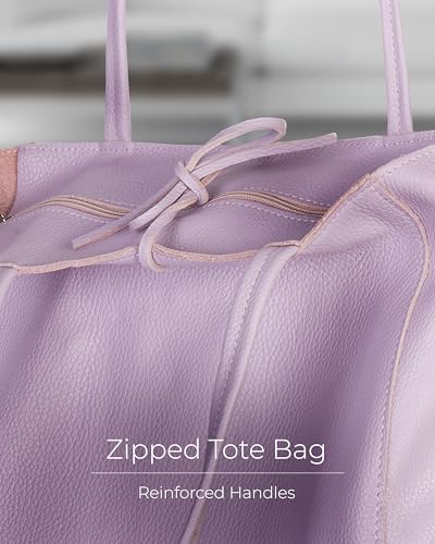 Image of Genuine Italian Leather Tote Bag for Women, Large Slouchy Purse, Lilac | Unstructured bag, raw unlined interior with zip pocket, top zipper, side ties, folds flat, fits a 16-inch laptop, lightweight