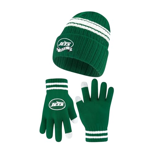 Ultra Game NFL Official Youth Super Soft Team Stripe Winter Beanie Knit Hat with Extra Warm Touch Screen Gloves, New York Jets, Team Color, 1SIZE