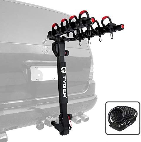 Tyger Auto TG-RK4B102B Deluxe 4-Bike Carrier Rack Compatible with Both 1-1/4'' and 2'' Hitch Receiver | with Hitch Pin Lock & Cable Lock | Soft Cushion Protector