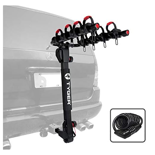 Tyger Auto TG-RK4B102B Deluxe 4-Bike Carrier Rack Compatible with Both 1-1/4'' and 2'' Hitch Receiver | with Hitch Pin Lock & Cable Lock | Soft Cushion Protector