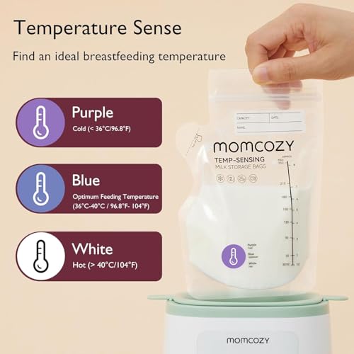 Momcozy Easy Pour Torba do przechowywania mleka matki, 250 ml, zmiana koloru z czujnikiem temperatury, worek na mleko 120 sztuk, z samodzielnym stojakiem, do karmienia piersią, bez wycieków