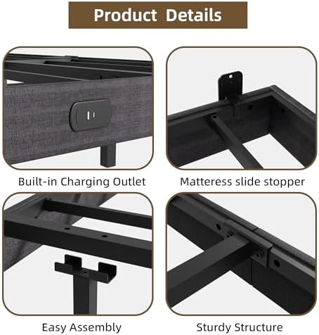 Muluflower Floating Bed Frame Full Size with LED Lights and Charging Station, Grey Linen Metal Platform Bed Frame, Easy Assembly, No Box Spring Needed (Full)