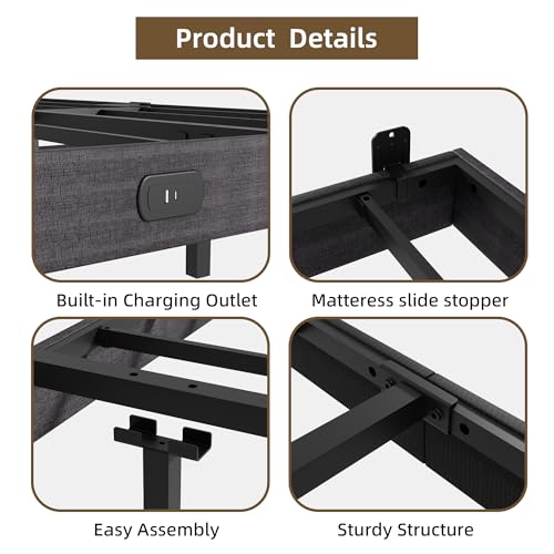 Muluflower Floating Bed Frame Full Size with LED Lights and Charging Station, Grey Linen Metal Platform Bed Frame, Easy Assembly, No Box Spring Needed (Full)