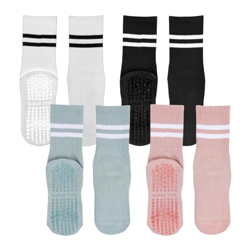 Pixaro - Stoppersocken Damen 35-40 - 4 Paar Pilates Socken, 4 Farben Rutschfeste Socken Damen, Yoga Socken, Herbst und Winter Sportsocken mit Noppen für Damen und Mädchen Schwarz/Weiß/Hellblau/Rosa